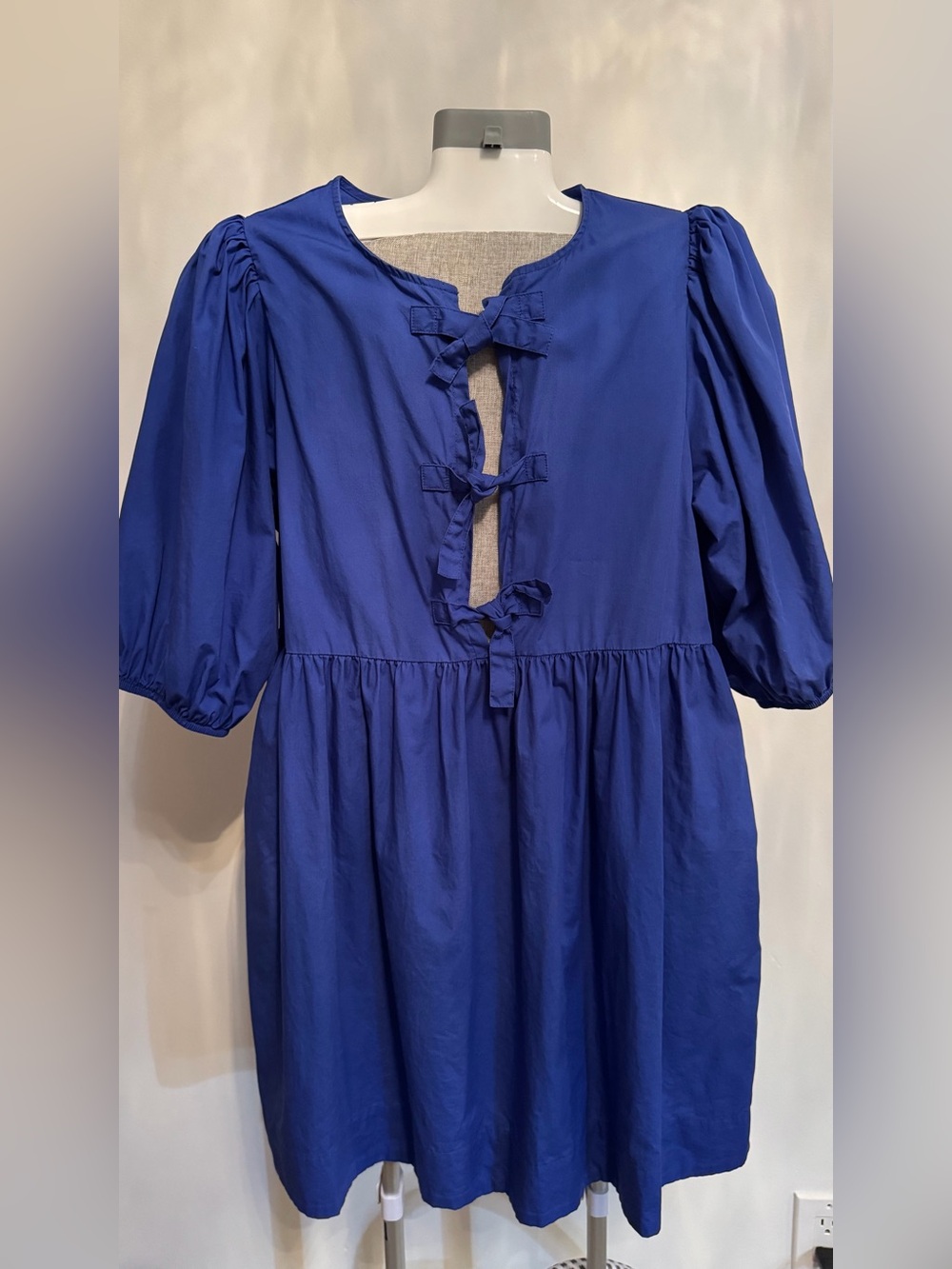 Kids Blue Tie-Front Puff Sleeve Dress